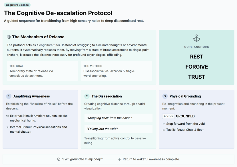 The session follows a structured, three-phase arc designed to guide the subject from a state of active awareness to deep rest and back to a grounded state.
